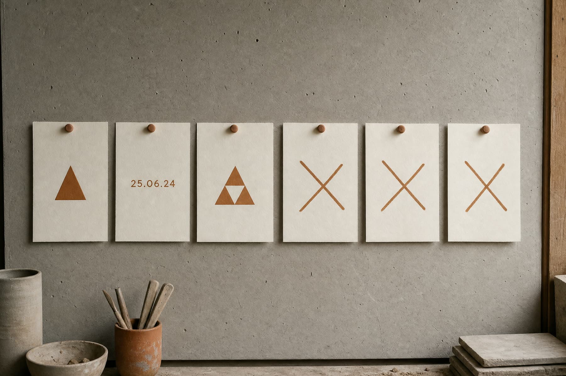 Six cards pinned to a workshop board: three showing permitted marks — block letters, a date, an abstract motif — and three struck through