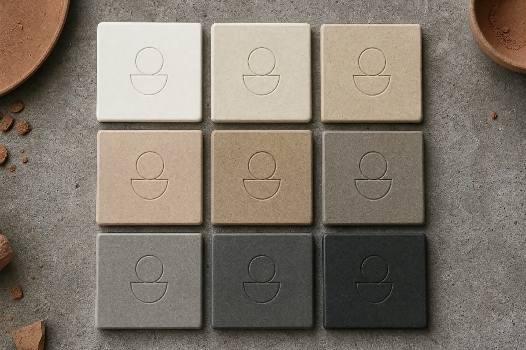 Nine flat porcelain test tiles running from chalk white to deep charcoal, each carrying the same engraved geometric mark