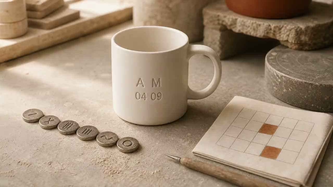 A workshop bench holding an engraved porcelain mug, a line of engraved process tokens and a paper kiln planner