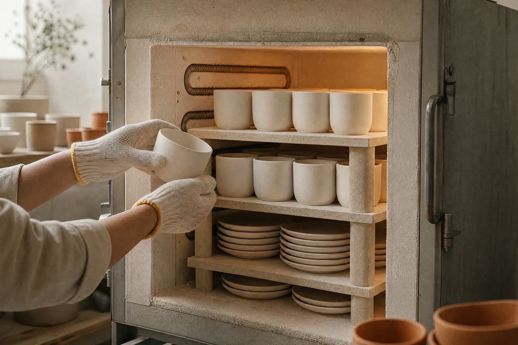 Gloved hands packing rows of white porcelain cups onto the shelves of an open front-loading kiln